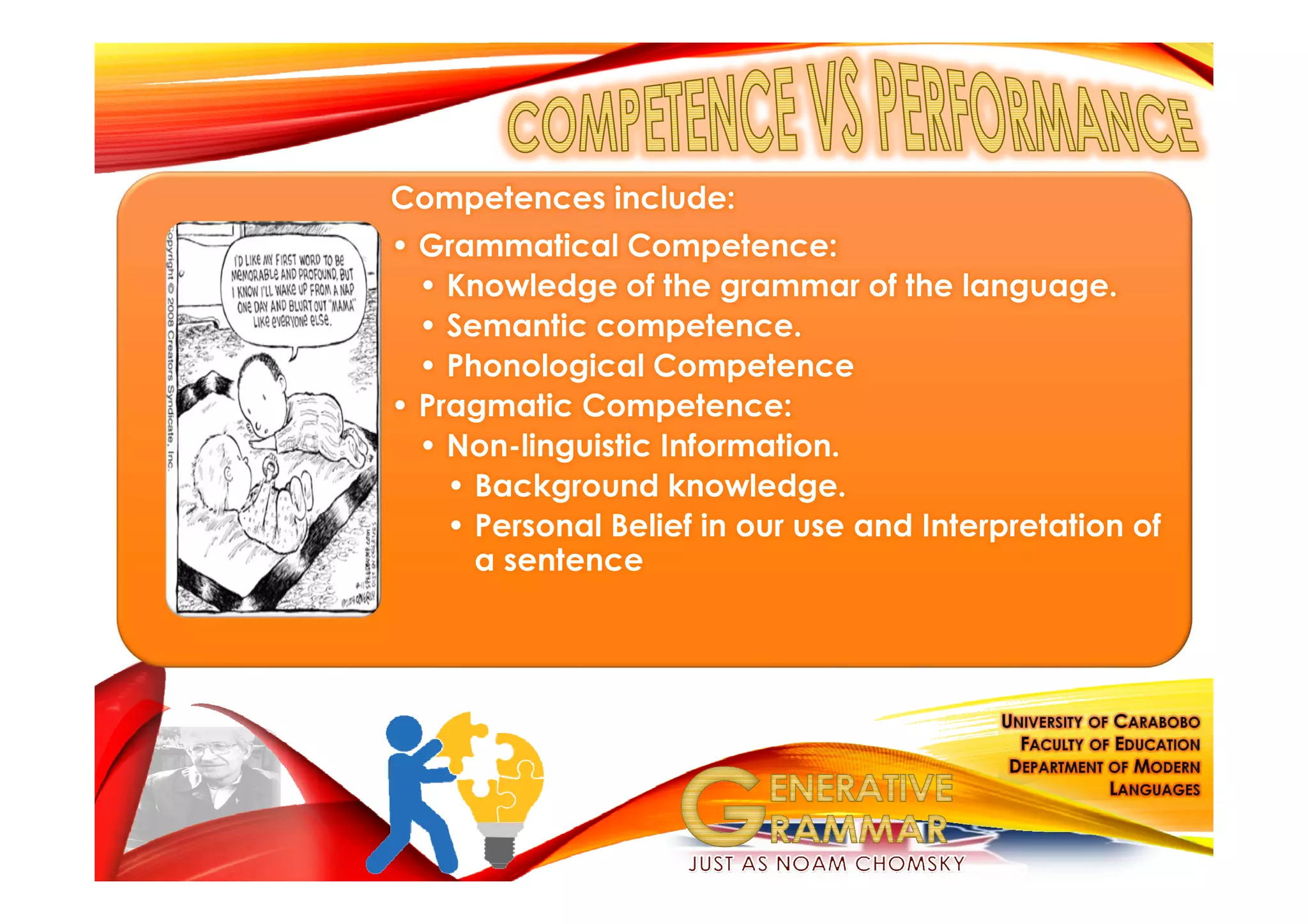 Competences include:
• Grammatical Competence:
• Knowledge of the grammar of the language.
• Semantic competence.
• Phonological Competence
• Pragmatic Competence:
• Non-linguistic Information.
• Background knowledge.
• Personal Belief in our use and Interpretation of
a sentence
 