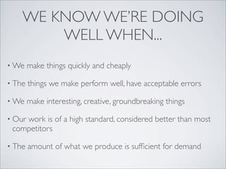 WE KNOW WE’RE DOING
        WELL WHEN...
• We    make things quickly and cheaply

• The   things we make perform well, have acceptable errors

• We    make interesting, creative, groundbreaking things

• Our
    work is of a high standard, considered better than most
 competitors

• The   amount of what we produce is sufﬁcient for demand
 