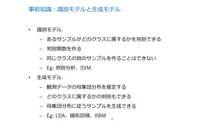 事前知識：識別モデルと⽣成モデル
• 識別モデル
– あるサンプルがどのクラスに属するかを判別できる
– 判別関数を作る
– 同じクラスの別のサンプルを作ることはできない
– Eg: 判別分析、SVM
• ⽣成モデル
– 観測データの⺟集団分布を推定する
– どのクラスに属するかの判別もできる
– ⺟集団分布に従うサンプルを⽣成できる
– Eg: LDA、線形回帰、RBM 10
 