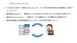 Adversarial Learning
• 2つのモデルを作って競わせることにより、データの分布を学習させる教師なし学習フ
レームワーク
• 贋作師(generator)： 本物のデータと⾒分けがつかないサンプルを作る ⽣成モデル
• 鑑定⼠(discriminator)： 本物のデータと偽物のデータを識別する 識別モデル
• 贋作師は鑑定⼠の識別結果を元にしてデータの分布を学習していく
14
本物
偽物
 