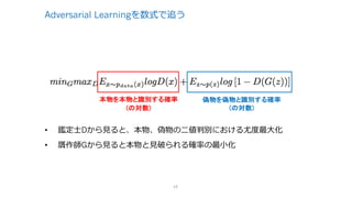 Adversarial Learningを数式で追う
17
本物を本物と識別する確率
(の対数)
偽物を偽物と識別する確率
(の対数)
• 鑑定⼠Dから⾒ると、本物、偽物の⼆値判別における尤度最⼤化
• 贋作師Gから⾒ると本物と⾒破られる確率の最⼩化
 