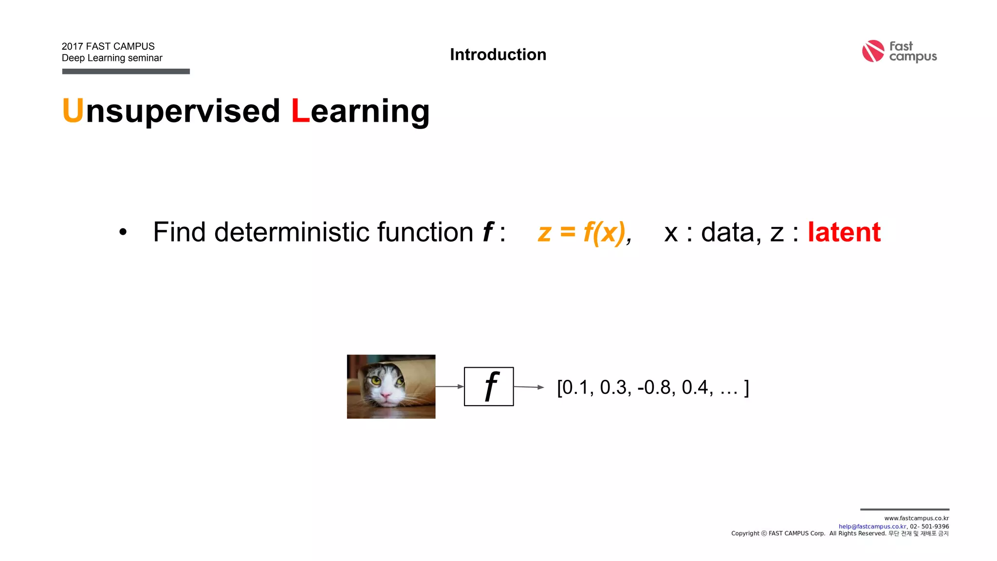 Unsupervised Learning
• Find deterministic function f : z = f(x), x : data, z : latent
Introduction
[0.1, 0.3, -0.8, 0.4, … ]f
 