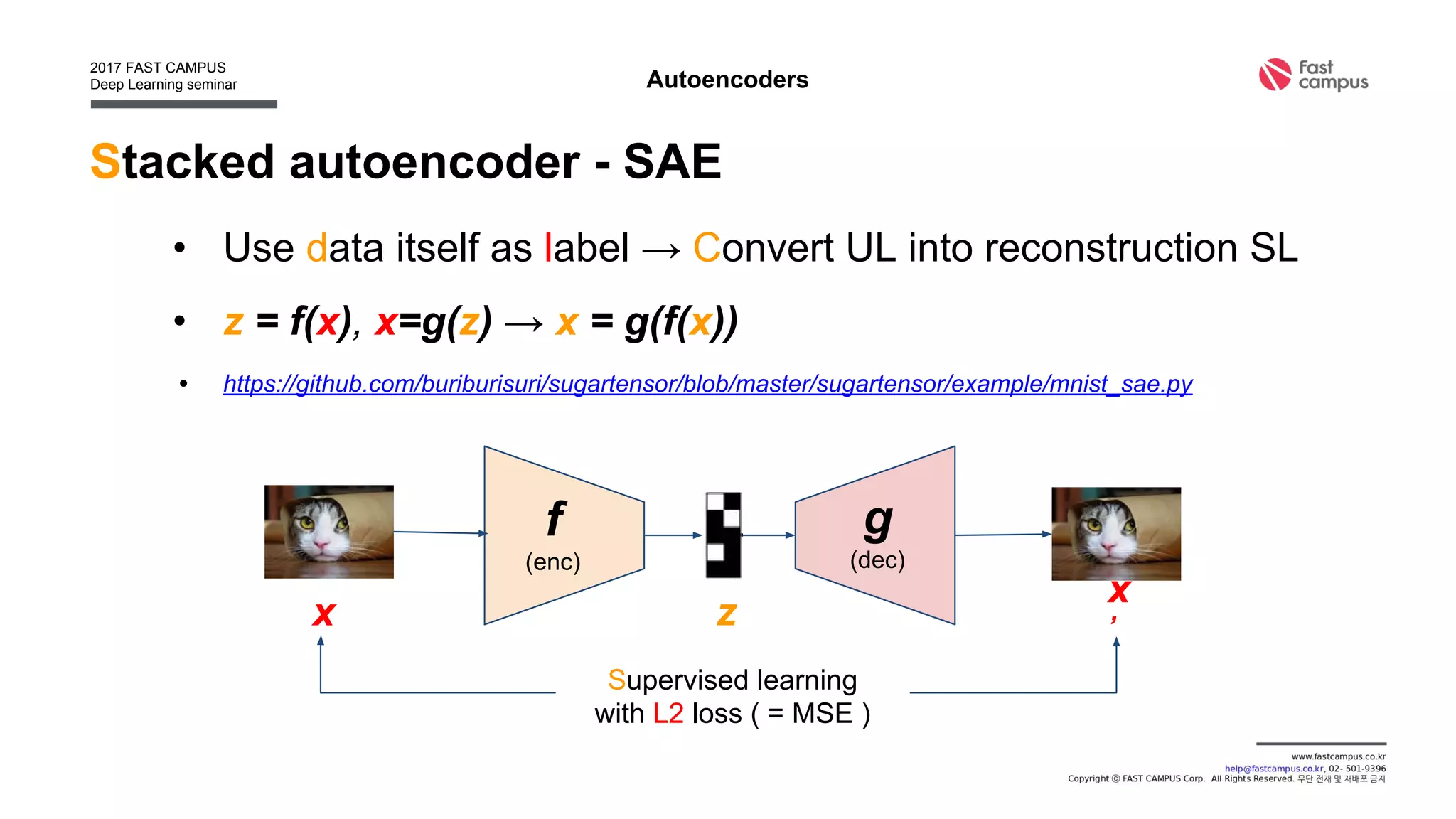 Stacked autoencoder - SAE
• Use data itself as label → Convert UL into reconstruction SL
• z = f(x), x=g(z) → x = g(f(x))
• https://github.com/buriburisuri/sugartensor/blob/master/sugartensor/example/mnist_sae.py
Autoencoders
f
(enc)
g
(dec)
x
x
’z
Supervised learning
with L2 loss ( = MSE )
 