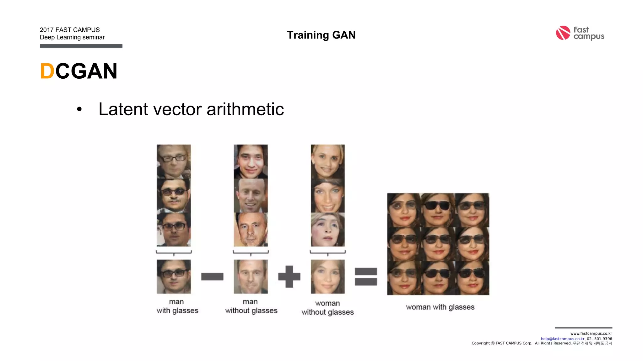 DCGAN
• Latent vector arithmetic
Training GAN
 