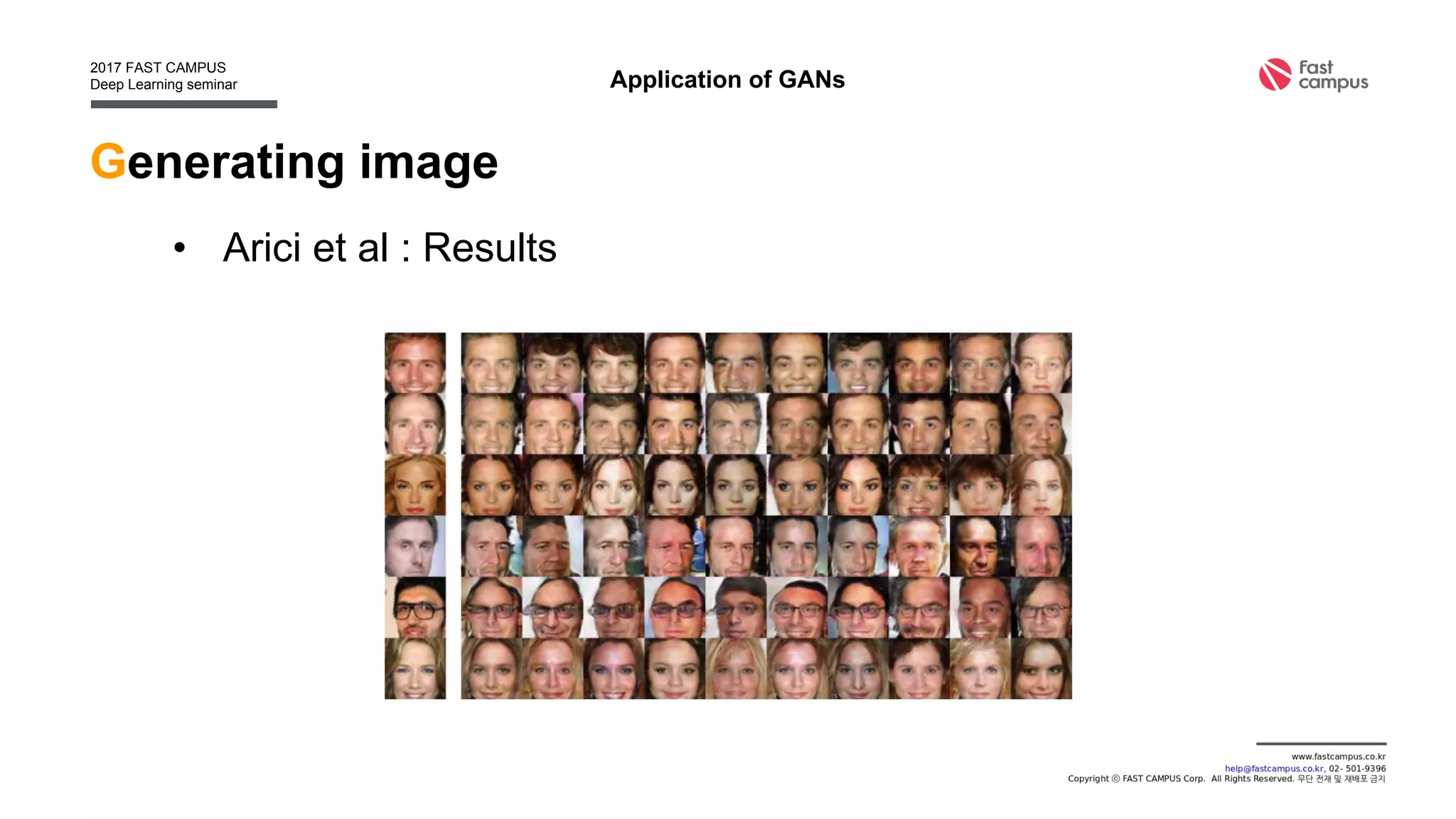 Generating image
• Reed et al, Learning What and Where to Draw, 2016
Application of GANs
 