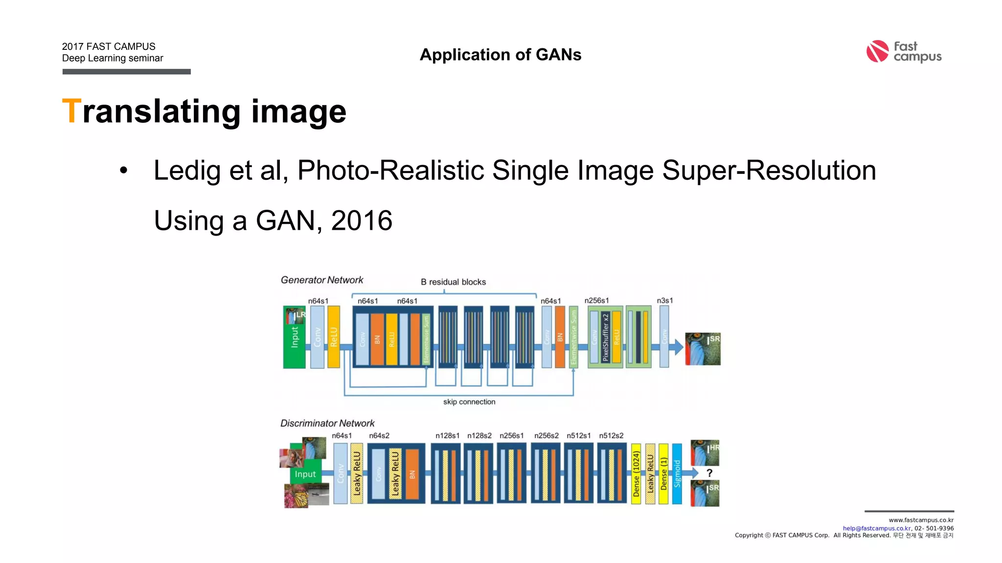 Translating image
• Perarnau et al, Invertible Conditional GANs for image editing,
2016
Application of GANs
 