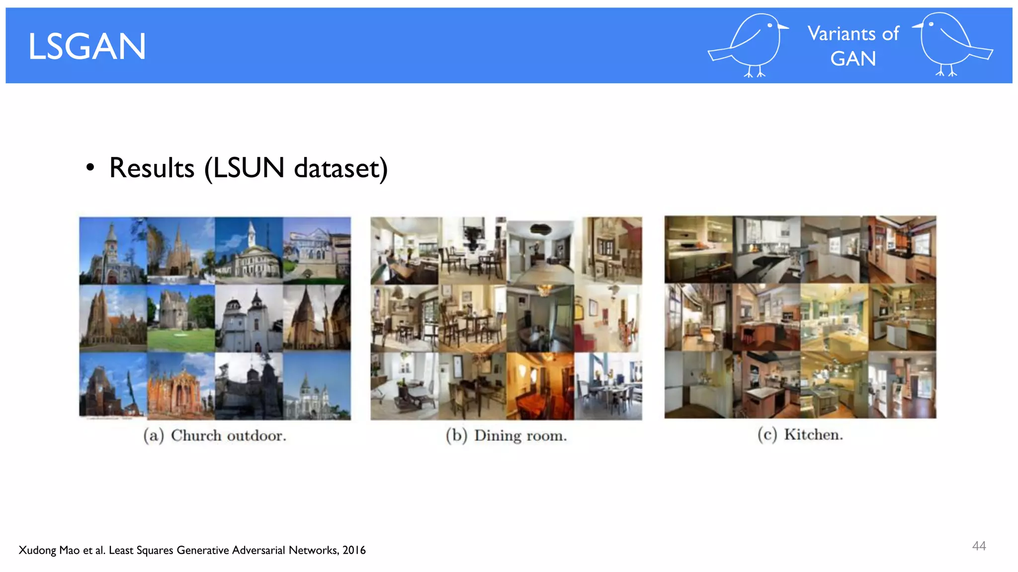44
LSGAN Variants of
GAN
• Results (LSUN dataset)
Xudong Mao et al. Least Squares Generative Adversarial Networks, 2016
 