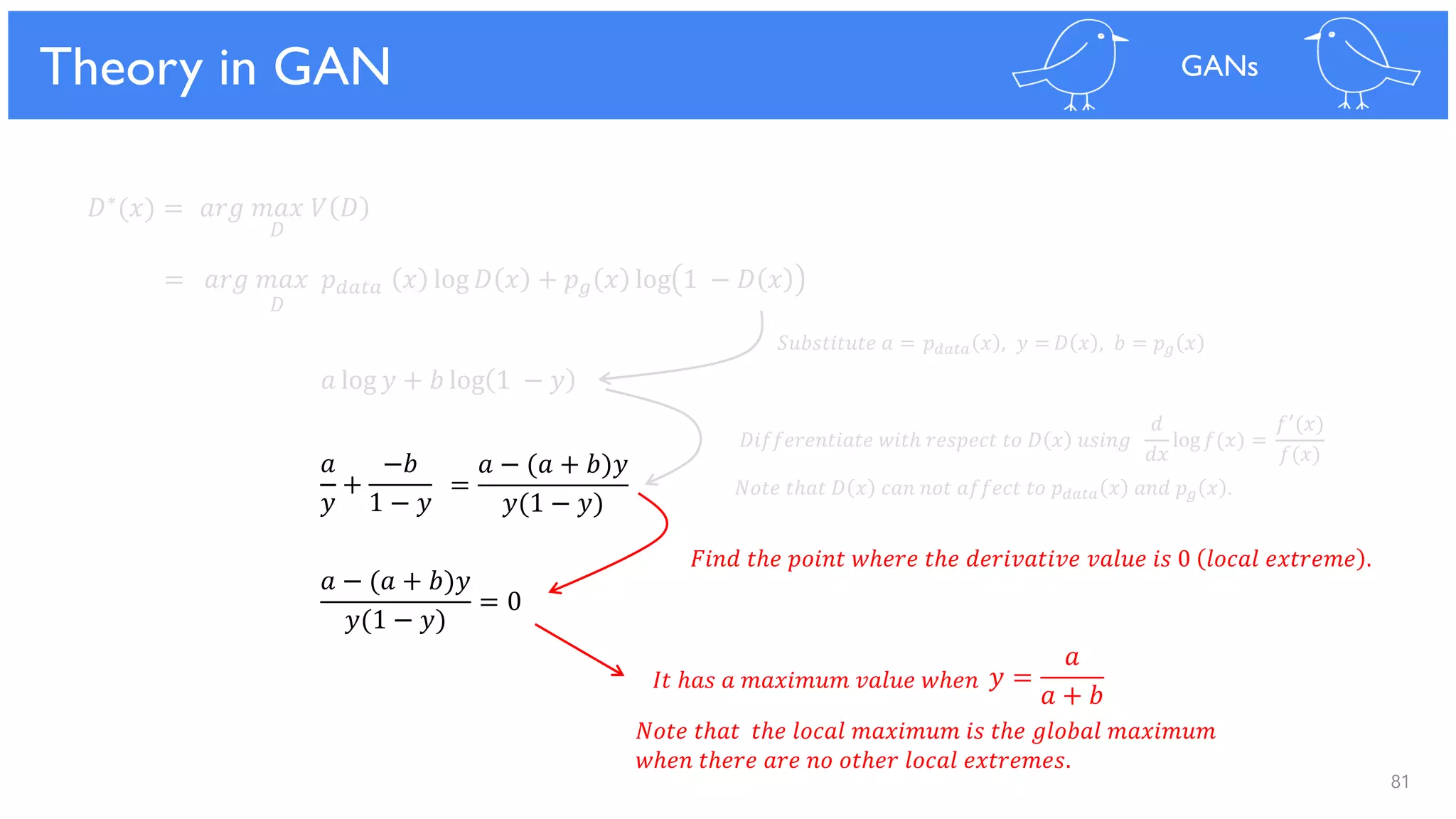 81
Theoretical Results
= 𝑎𝑟𝑔 𝑚𝑎𝑥 𝑝 𝑑𝑎𝑡𝑎 𝑥 log 𝐷 𝑥 + 𝑝 𝑔 𝑥 log 1 − 𝐷 𝑥
Theory in GAN GANs
𝐷∗(𝑥) = 𝑎𝑟𝑔 𝑚𝑎𝑥 𝑉 𝐷
𝐷
𝐷
𝑎 log 𝑦 + 𝑏 log 1 − 𝑦
𝑎
𝑦
+
−𝑏
1 − 𝑦
𝑎 − (𝑎 + 𝑏)𝑦
𝑦(1 − 𝑦)
= 0
𝑦 =
𝑎
𝑎 + 𝑏
=
𝑎 − (𝑎 + 𝑏)𝑦
𝑦(1 − 𝑦)
𝑆𝑢𝑏𝑠𝑡𝑖𝑡𝑢𝑡𝑒 𝑎 = 𝑝 𝑑𝑎𝑡𝑎 𝑥 , 𝑦 = 𝐷 𝑥 , 𝑏 = 𝑝 𝑔 𝑥
𝑁𝑜𝑡𝑒 𝑡ℎ𝑎𝑡 𝐷 𝑥 𝑐𝑎𝑛 𝑛𝑜𝑡 𝑎𝑓𝑓𝑒𝑐𝑡 𝑡𝑜 𝑝 𝑑𝑎𝑡𝑎 𝑥 𝑎𝑛𝑑 𝑝 𝑔 𝑥 .
𝐼𝑡 ℎ𝑎𝑠 𝑎 𝑚𝑎𝑥𝑖𝑚𝑢𝑚 𝑣𝑎𝑙𝑢𝑒 𝑤ℎ𝑒𝑛
𝑁𝑜𝑡𝑒 𝑡ℎ𝑎𝑡 𝑡ℎ𝑒 𝑙𝑜𝑐𝑎𝑙 𝑚𝑎𝑥𝑖𝑚𝑢𝑚 𝑖𝑠 𝑡ℎ𝑒 𝑔𝑙𝑜𝑏𝑎𝑙 𝑚𝑎𝑥𝑖𝑚𝑢𝑚
𝑤ℎ𝑒𝑛 𝑡ℎ𝑒𝑟𝑒 𝑎𝑟𝑒 𝑛𝑜 𝑜𝑡ℎ𝑒𝑟 𝑙𝑜𝑐𝑎𝑙 𝑒𝑥𝑡𝑟𝑒𝑚𝑒𝑠.
𝑑
𝑑𝑥
log 𝑓(𝑥) =
𝑓′
(𝑥)
𝑓(𝑥)
𝐷𝑖𝑓𝑓𝑒𝑟𝑒𝑛𝑡𝑖𝑎𝑡𝑒 𝑤𝑖𝑡ℎ 𝑟𝑒𝑠𝑝𝑒𝑐𝑡 𝑡𝑜 𝐷 𝑥 𝑢𝑠𝑖𝑛𝑔
𝐹𝑖𝑛𝑑 𝑡ℎ𝑒 𝑝𝑜𝑖𝑛𝑡 𝑤ℎ𝑒𝑟𝑒 𝑡ℎ𝑒 𝑑𝑒𝑟𝑖𝑣𝑎𝑡𝑖𝑣𝑒 𝑣𝑎𝑙𝑢𝑒 𝑖𝑠 0 𝑙𝑜𝑐𝑎𝑙 𝑒𝑥𝑡𝑟𝑒𝑚𝑒 .
 
