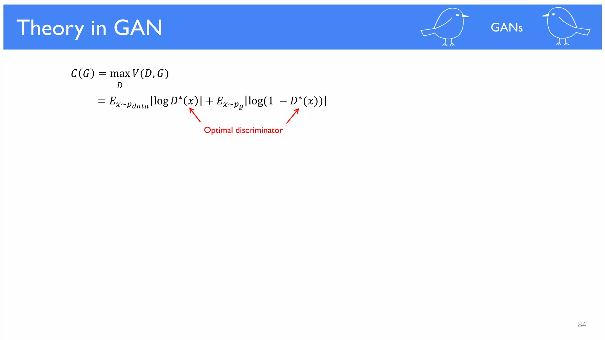 84
Theoretical Results
𝐶 𝐺 = max 𝑉(𝐷, 𝐺)
𝐷
= 𝐸 𝑥~𝑝 𝑑𝑎𝑡𝑎
log 𝐷∗ 𝑥 + 𝐸 𝑥~𝑝 𝑔
log(1 − 𝐷∗(𝑥))
Theory in GAN GANs
Optimal discriminator
 