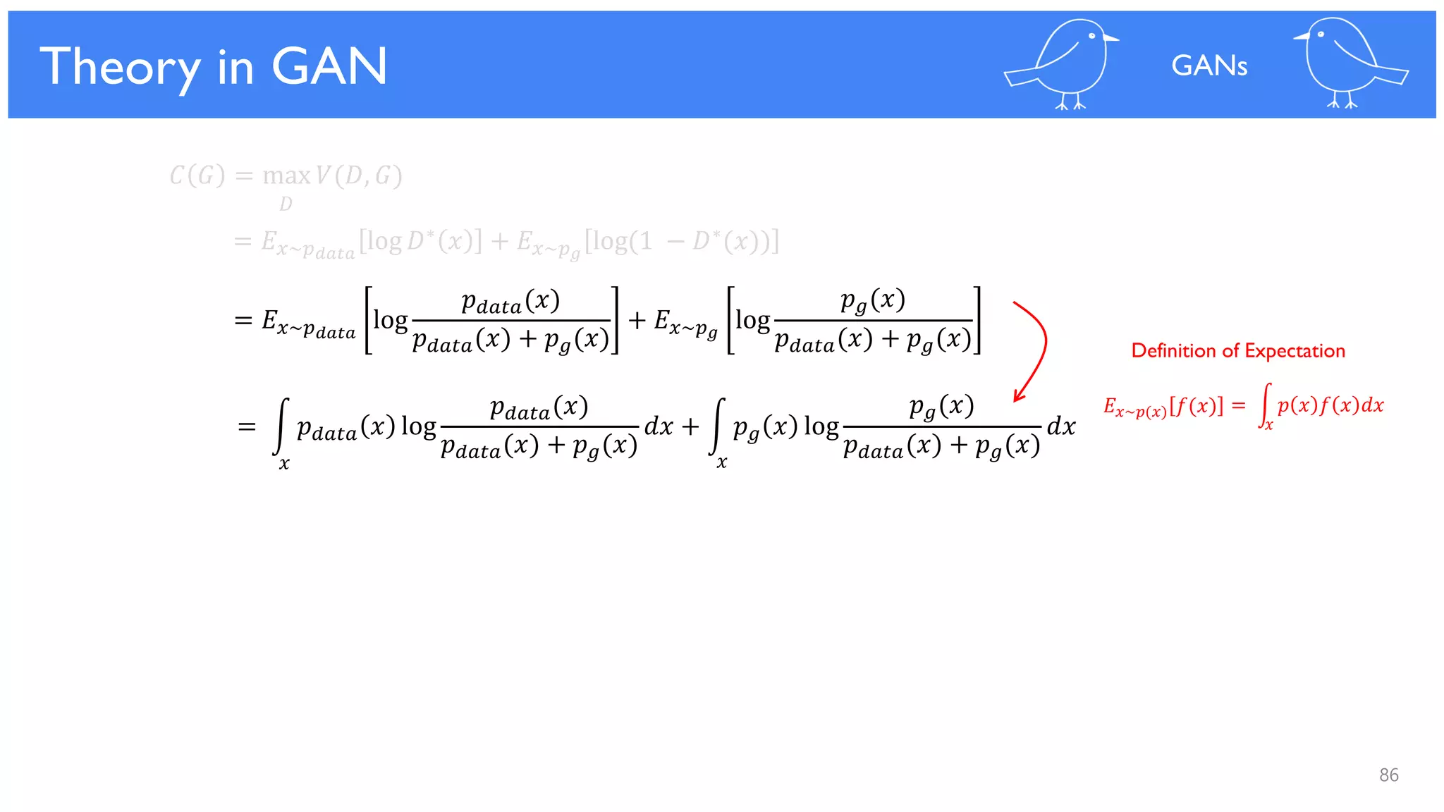 86
Theoretical Results
𝐶 𝐺 = max 𝑉(𝐷, 𝐺)
𝐷
= 𝐸 𝑥~𝑝 𝑑𝑎𝑡𝑎
log 𝐷∗ 𝑥 + 𝐸 𝑥~𝑝 𝑔
log(1 − 𝐷∗(𝑥))
= 𝐸 𝑥~𝑝 𝑑𝑎𝑡𝑎
log
𝑝 𝑑𝑎𝑡𝑎(𝑥)
𝑝 𝑑𝑎𝑡𝑎(𝑥) + 𝑝 𝑔(𝑥)
+ 𝐸 𝑥~𝑝 𝑔
log
𝑝 𝑔(𝑥)
𝑝 𝑑𝑎𝑡𝑎(𝑥) + 𝑝 𝑔(𝑥)
= න 𝑝 𝑑𝑎𝑡𝑎 𝑥 log
𝑝 𝑑𝑎𝑡𝑎(𝑥)
𝑝 𝑑𝑎𝑡𝑎(𝑥) + 𝑝 𝑔(𝑥)
𝑑𝑥 + න 𝑝 𝑔 𝑥 log
𝑝 𝑔(𝑥)
𝑝 𝑑𝑎𝑡𝑎(𝑥) + 𝑝 𝑔(𝑥)
𝑑𝑥
Theory in GAN GANs
𝑥 𝑥
= න 𝑝 𝑥 𝑓 𝑥 𝑑𝑥𝐸 𝑥~𝑝(𝑥) 𝑓(𝑥)
Definition of Expectation
𝑥
 