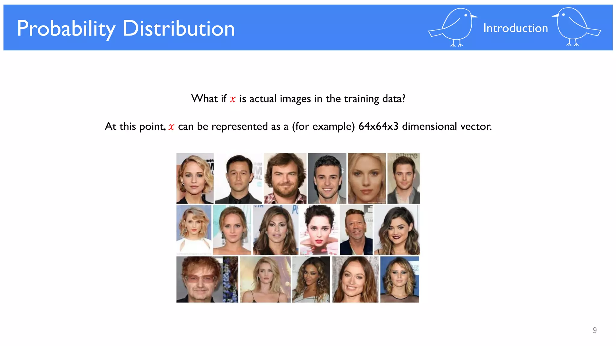 9
Generative Model
What if 𝑥 is actual images in the training data?
At this point, 𝑥 can be represented as a (for example) 64x64x3 dimensional vector.
Probability Distribution Introduction
 