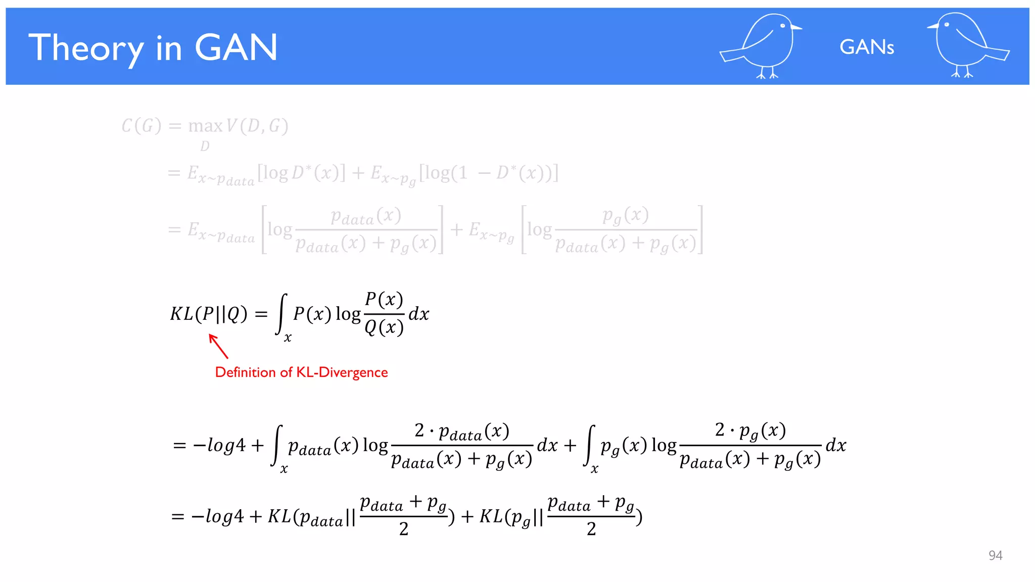 94
Theoretical Results
𝐶 𝐺 = max 𝑉(𝐷, 𝐺)
𝐷
= 𝐸 𝑥~𝑝 𝑑𝑎𝑡𝑎
log 𝐷∗ 𝑥 + 𝐸 𝑥~𝑝 𝑔
log(1 − 𝐷∗(𝑥))
= 𝐸 𝑥~𝑝 𝑑𝑎𝑡𝑎
log
𝑝 𝑑𝑎𝑡𝑎(𝑥)
𝑝 𝑑𝑎𝑡𝑎(𝑥) + 𝑝 𝑔(𝑥)
+ 𝐸 𝑥~𝑝 𝑔
log
𝑝 𝑔(𝑥)
𝑝 𝑑𝑎𝑡𝑎(𝑥) + 𝑝 𝑔(𝑥)
= −𝑙𝑜𝑔4 + න 𝑝 𝑑𝑎𝑡𝑎 𝑥 log
2 ∙ 𝑝 𝑑𝑎𝑡𝑎(𝑥)
𝑝 𝑑𝑎𝑡𝑎(𝑥) + 𝑝 𝑔(𝑥)
𝑑𝑥 + න 𝑝 𝑔 𝑥 log
2 ∙ 𝑝 𝑔(𝑥)
𝑝 𝑑𝑎𝑡𝑎(𝑥) + 𝑝 𝑔(𝑥)
𝑑𝑥
= −𝑙𝑜𝑔4 + 𝐾𝐿(𝑝 𝑑𝑎𝑡𝑎||
𝑝 𝑑𝑎𝑡𝑎 + 𝑝 𝑔
2
) + 𝐾𝐿(𝑝 𝑔||
𝑝 𝑑𝑎𝑡𝑎 + 𝑝 𝑔
2
)
𝐾𝐿(𝑃| 𝑄 = න 𝑃(𝑥) log
𝑃(𝑥)
𝑄(𝑥)
𝑑𝑥
Theory in GAN GANs
𝑥
𝑥 𝑥
Definition of KL-Divergence
 