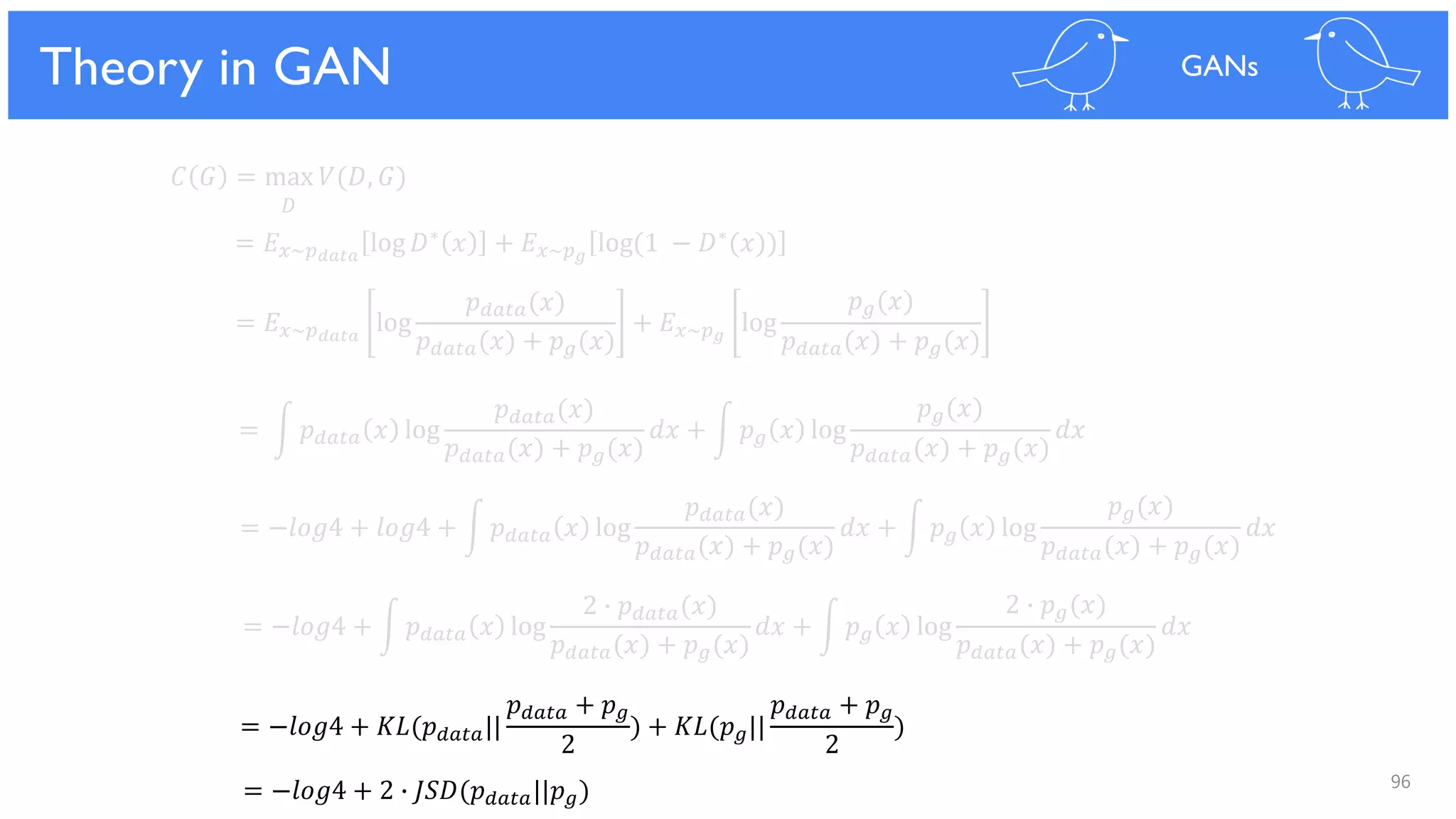 96
Theoretical Results
𝐶 𝐺 = max 𝑉(𝐷, 𝐺)
𝐷
= 𝐸 𝑥~𝑝 𝑑𝑎𝑡𝑎
log 𝐷∗ 𝑥 + 𝐸 𝑥~𝑝 𝑔
log(1 − 𝐷∗(𝑥))
= 𝐸 𝑥~𝑝 𝑑𝑎𝑡𝑎
log
𝑝 𝑑𝑎𝑡𝑎(𝑥)
𝑝 𝑑𝑎𝑡𝑎(𝑥) + 𝑝 𝑔(𝑥)
+ 𝐸 𝑥~𝑝 𝑔
log
𝑝 𝑔(𝑥)
𝑝 𝑑𝑎𝑡𝑎(𝑥) + 𝑝 𝑔(𝑥)
= න 𝑝 𝑑𝑎𝑡𝑎 𝑥 log
𝑝 𝑑𝑎𝑡𝑎(𝑥)
𝑝 𝑑𝑎𝑡𝑎(𝑥) + 𝑝 𝑔(𝑥)
𝑑𝑥 + න 𝑝 𝑔 𝑥 log
𝑝 𝑔(𝑥)
𝑝 𝑑𝑎𝑡𝑎(𝑥) + 𝑝 𝑔(𝑥)
𝑑𝑥
= −𝑙𝑜𝑔4 + 𝑙𝑜𝑔4 + න 𝑝 𝑑𝑎𝑡𝑎 𝑥 log
𝑝 𝑑𝑎𝑡𝑎(𝑥)
𝑝 𝑑𝑎𝑡𝑎(𝑥) + 𝑝 𝑔(𝑥)
𝑑𝑥 + න 𝑝 𝑔 𝑥 log
𝑝 𝑔(𝑥)
𝑝 𝑑𝑎𝑡𝑎(𝑥) + 𝑝 𝑔(𝑥)
𝑑𝑥
= −𝑙𝑜𝑔4 + න 𝑝 𝑑𝑎𝑡𝑎 𝑥 log
2 ∙ 𝑝 𝑑𝑎𝑡𝑎(𝑥)
𝑝 𝑑𝑎𝑡𝑎(𝑥) + 𝑝 𝑔(𝑥)
𝑑𝑥 + න 𝑝 𝑔 𝑥 log
2 ∙ 𝑝 𝑔(𝑥)
𝑝 𝑑𝑎𝑡𝑎(𝑥) + 𝑝 𝑔(𝑥)
𝑑𝑥
= −𝑙𝑜𝑔4 + 𝐾𝐿(𝑝 𝑑𝑎𝑡𝑎||
𝑝 𝑑𝑎𝑡𝑎 + 𝑝 𝑔
2
) + 𝐾𝐿(𝑝 𝑔||
𝑝 𝑑𝑎𝑡𝑎 + 𝑝 𝑔
2
)
= −𝑙𝑜𝑔4 + 2 ∙ 𝐽𝑆𝐷(𝑝 𝑑𝑎𝑡𝑎||𝑝 𝑔)
Theory in GAN GANs
 