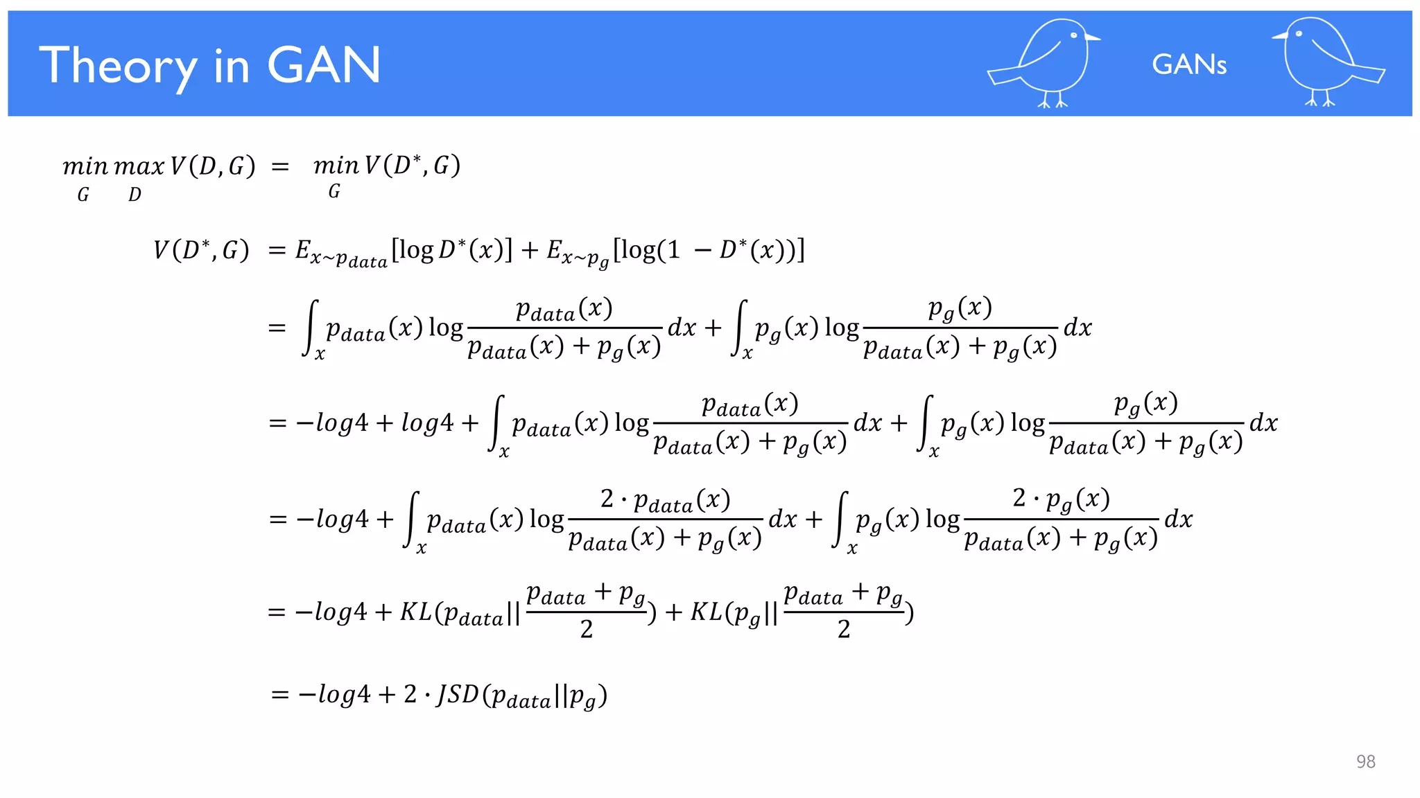 98
Theory in GAN GANs
= 𝐸 𝑥~𝑝 𝑑𝑎𝑡𝑎
log 𝐷∗
𝑥 + 𝐸 𝑥~𝑝 𝑔
log(1 − 𝐷∗
(𝑥))
= න 𝑝 𝑑𝑎𝑡𝑎 𝑥 log
𝑝 𝑑𝑎𝑡𝑎(𝑥)
𝑝 𝑑𝑎𝑡𝑎(𝑥) + 𝑝 𝑔(𝑥)
𝑑𝑥 + න 𝑝 𝑔 𝑥 log
𝑝 𝑔(𝑥)
𝑝 𝑑𝑎𝑡𝑎(𝑥) + 𝑝 𝑔(𝑥)
𝑑𝑥
= −𝑙𝑜𝑔4 + 𝑙𝑜𝑔4 + න 𝑝 𝑑𝑎𝑡𝑎 𝑥 log
𝑝 𝑑𝑎𝑡𝑎(𝑥)
𝑝 𝑑𝑎𝑡𝑎(𝑥) + 𝑝 𝑔(𝑥)
𝑑𝑥 + න 𝑝 𝑔 𝑥 log
𝑝 𝑔(𝑥)
𝑝 𝑑𝑎𝑡𝑎(𝑥) + 𝑝 𝑔(𝑥)
𝑑𝑥
= −𝑙𝑜𝑔4 + න 𝑝 𝑑𝑎𝑡𝑎 𝑥 log
2 ∙ 𝑝 𝑑𝑎𝑡𝑎(𝑥)
𝑝 𝑑𝑎𝑡𝑎(𝑥) + 𝑝 𝑔(𝑥)
𝑑𝑥 + න 𝑝 𝑔 𝑥 log
2 ∙ 𝑝 𝑔(𝑥)
𝑝 𝑑𝑎𝑡𝑎(𝑥) + 𝑝 𝑔(𝑥)
𝑑𝑥
= −𝑙𝑜𝑔4 + 𝐾𝐿(𝑝 𝑑𝑎𝑡𝑎||
𝑝 𝑑𝑎𝑡𝑎 + 𝑝 𝑔
2
) + 𝐾𝐿(𝑝 𝑔||
𝑝 𝑑𝑎𝑡𝑎 + 𝑝 𝑔
2
)
= −𝑙𝑜𝑔4 + 2 ∙ 𝐽𝑆𝐷(𝑝 𝑑𝑎𝑡𝑎||𝑝 𝑔)
𝑥 𝑥
𝑥 𝑥
𝑥𝑥
𝑚𝑖𝑛 𝑚𝑎𝑥 𝑉 𝐷, 𝐺 =
𝐺 𝐷
𝑚𝑖𝑛 𝑉 𝐷∗, 𝐺
𝐺
𝑉 𝐷∗, 𝐺
 