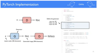 25
PyTorch Implementation GANs
G(z) DGz D(G(z))
D D(x)x
Generator
Define the generator
input size: 100
hidden size: 128
output size: 784
Latent code (100 dimension) Generated image (784 dimension)
 