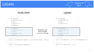 41
LSGAN Variants of
GAN
Vanilla GAN LSGAN
Generator is the
same as original
 