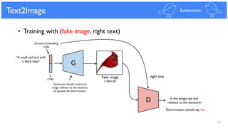 58
Text2Image
Fake image
(128x128)
D
G
Z
(100)
Sentence Embedding
(100)
Is the image real and
relevant to the sentence?
right text
Discriminator should say ‘no’.
• Training with (fake image, right text)
Generator should creates an
image relevant to the sentence
to deceive the discriminator.
Extensions
“A small red bird with
a black beak”
 