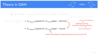 74
𝑚𝑖𝑛 𝑚𝑎𝑥 𝑉 𝐷, 𝐺 = 𝐸 𝑥~𝑝 𝑑𝑎𝑡𝑎(𝑥) log 𝐷 𝑥 + 𝐸𝑧~𝑝 𝑧(𝑧) log(1 − 𝐷(𝐺 𝑧 )
𝐺 𝐷
Theory in GAN GANs
𝐷∗(𝑥) = 𝑎𝑟𝑔 𝑚𝑎𝑥 𝑉 𝐷 = 𝐸 𝑥~𝑝 𝑑𝑎𝑡𝑎(𝑥) log 𝐷 𝑥 + 𝐸𝑧~𝑝 𝑧(𝑧) log(1 − 𝐷(𝐺 𝑧 )
= 𝐸 𝑥~𝑝 𝑑𝑎𝑡𝑎(𝑥) log 𝐷 𝑥 + 𝐸 𝑥~𝑝 𝑔(𝑥) log(1 − 𝐷(𝑥))
𝐹𝑖𝑥 𝐺 𝑡𝑜 𝑚𝑎𝑘𝑒 𝑖𝑡 𝑡𝑜 𝑎 𝑓𝑢𝑛𝑐𝑡𝑖𝑜𝑛 𝑜𝑓 𝐷
𝑠𝑎𝑚𝑝𝑙𝑖𝑛𝑔 𝑥 𝑓𝑟𝑜𝑚 𝑝 𝑔
𝑖𝑛𝑠𝑡𝑒𝑎𝑑 𝑜𝑓 𝑠𝑎𝑚𝑝𝑙𝑖𝑛𝑔 𝑧 𝑓𝑟𝑜𝑚 𝑝𝑧
𝑣𝑒𝑐𝑡𝑜𝑟 𝑜𝑓 64 × 64 𝑑𝑖𝑚𝑒𝑛𝑠𝑖𝑜𝑛
𝑣𝑒𝑐𝑡𝑜𝑟 𝑜𝑓 100 𝑑𝑖𝑚𝑒𝑛𝑠𝑖𝑜𝑛
𝑚𝑜𝑑𝑒𝑙 𝐺 𝑑𝑖𝑠𝑡𝑟𝑖𝑏𝑢𝑡𝑖𝑜𝑛 𝑓𝑜𝑟 ℎ𝑖𝑔ℎ 𝑑𝑖𝑚𝑒𝑛𝑠𝑖𝑜𝑛𝑎𝑙 𝑣𝑒𝑐𝑡𝑜𝑟 (𝑒. 𝑔. 64 × 64)
𝐷
 