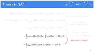 76
𝑚𝑖𝑛 𝑚𝑎𝑥 𝑉 𝐷, 𝐺 = 𝐸 𝑥~𝑝 𝑑𝑎𝑡𝑎(𝑥) log 𝐷 𝑥 + 𝐸𝑧~𝑝 𝑧(𝑧) log(1 − 𝐷(𝐺 𝑧 )
𝐺 𝐷
Theory in GAN GANs
𝐷∗(𝑥) = 𝑎𝑟𝑔 𝑚𝑎𝑥 𝑉 𝐷 = 𝐸 𝑥~𝑝 𝑑𝑎𝑡𝑎(𝑥) log 𝐷 𝑥 + 𝐸𝑧~𝑝 𝑧(𝑧) log(1 − 𝐷(𝐺 𝑧 )
= 𝐸 𝑥~𝑝 𝑑𝑎𝑡𝑎(𝑥) log 𝐷 𝑥 + 𝐸 𝑥~𝑝 𝑔(𝑥) log(1 − 𝐷(𝑥))
= න 𝑝 𝑑𝑎𝑡𝑎 𝑥 log 𝐷(𝑥) 𝑑𝑥 + න 𝑝 𝑔 𝑥 log 1 − 𝐷 𝑥 𝑑𝑥
= න 𝑝 𝑑𝑎𝑡𝑎 𝑥 log 𝐷 𝑥 + 𝑝 𝑔 𝑥 log 1 − 𝐷 𝑥 𝑑𝑥
𝑥
𝑥 𝑥
𝐹𝑖𝑥 𝐺 𝑡𝑜 𝑚𝑎𝑘𝑒 𝑖𝑡 𝑡𝑜 𝑎 𝑓𝑢𝑛𝑐𝑡𝑖𝑜𝑛 𝑜𝑓 𝐷
𝑠𝑎𝑚𝑝𝑙𝑖𝑛𝑔 𝑥 𝑓𝑟𝑜𝑚 𝑝 𝑔
𝑖𝑛𝑠𝑡𝑒𝑎𝑑 𝑜𝑓 𝑠𝑎𝑚𝑝𝑙𝑖𝑛𝑔 𝑧 𝑓𝑟𝑜𝑚 𝑝𝑧
= න 𝑝 𝑥 𝑓 𝑥 𝑑𝑥𝐸 𝑥~𝑝(𝑥) 𝑓(𝑥)
𝐷𝑒𝑓𝑖𝑛𝑖𝑡𝑖𝑜𝑛 𝑜𝑓 𝐸𝑥𝑝𝑒𝑐𝑡𝑎𝑡𝑖𝑜𝑛
𝑥
𝐵𝑎𝑠𝑖𝑐 𝑝𝑟𝑜𝑝𝑒𝑟𝑡𝑦 𝑜𝑓 𝐼𝑛𝑡𝑒𝑔𝑟𝑎𝑙
𝐷
 