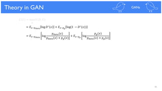 85
Theoretical Results
𝐶 𝐺 = max 𝑉(𝐷, 𝐺)
𝐷
= 𝐸 𝑥~𝑝 𝑑𝑎𝑡𝑎
log 𝐷∗ 𝑥 + 𝐸 𝑥~𝑝 𝑔
log(1 − 𝐷∗(𝑥))
= 𝐸 𝑥~𝑝 𝑑𝑎𝑡𝑎
log
𝑝 𝑑𝑎𝑡𝑎(𝑥)
𝑝 𝑑𝑎𝑡𝑎(𝑥) + 𝑝 𝑔(𝑥)
+ 𝐸 𝑥~𝑝 𝑔
log
𝑝 𝑔(𝑥)
𝑝 𝑑𝑎𝑡𝑎(𝑥) + 𝑝 𝑔(𝑥)
Theory in GAN GANs
 