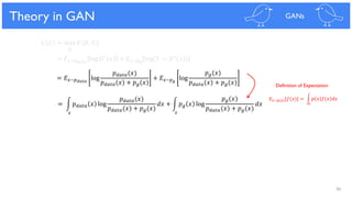 86
Theoretical Results
𝐶 𝐺 = max 𝑉(𝐷, 𝐺)
𝐷
= 𝐸 𝑥~𝑝 𝑑𝑎𝑡𝑎
log 𝐷∗ 𝑥 + 𝐸 𝑥~𝑝 𝑔
log(1 − 𝐷∗(𝑥))
= 𝐸 𝑥~𝑝 𝑑𝑎𝑡𝑎
log
𝑝 𝑑𝑎𝑡𝑎(𝑥)
𝑝 𝑑𝑎𝑡𝑎(𝑥) + 𝑝 𝑔(𝑥)
+ 𝐸 𝑥~𝑝 𝑔
log
𝑝 𝑔(𝑥)
𝑝 𝑑𝑎𝑡𝑎(𝑥) + 𝑝 𝑔(𝑥)
= න 𝑝 𝑑𝑎𝑡𝑎 𝑥 log
𝑝 𝑑𝑎𝑡𝑎(𝑥)
𝑝 𝑑𝑎𝑡𝑎(𝑥) + 𝑝 𝑔(𝑥)
𝑑𝑥 + න 𝑝 𝑔 𝑥 log
𝑝 𝑔(𝑥)
𝑝 𝑑𝑎𝑡𝑎(𝑥) + 𝑝 𝑔(𝑥)
𝑑𝑥
Theory in GAN GANs
𝑥 𝑥
= න 𝑝 𝑥 𝑓 𝑥 𝑑𝑥𝐸 𝑥~𝑝(𝑥) 𝑓(𝑥)
Definition of Expectation
𝑥
 