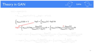 91
Theoretical Results
𝐶 𝐺 = max 𝑉(𝐷, 𝐺)
𝐷
= 𝐸 𝑥~𝑝 𝑑𝑎𝑡𝑎
log 𝐷∗ 𝑥 + 𝐸 𝑥~𝑝 𝑔
log(1 − 𝐷∗(𝑥))
= −𝑙𝑜𝑔4 + 𝑙𝑜𝑔4 + න 𝑝 𝑑𝑎𝑡𝑎 𝑥 log
𝑝 𝑑𝑎𝑡𝑎(𝑥)
𝑝 𝑑𝑎𝑡𝑎(𝑥) + 𝑝 𝑔(𝑥)
𝑑𝑥 + න 𝑝 𝑔 𝑥 log
𝑝 𝑔(𝑥)
𝑝 𝑑𝑎𝑡𝑎(𝑥) + 𝑝 𝑔(𝑥)
𝑑𝑥
= −𝑙𝑜𝑔4 + න 𝑝 𝑑𝑎𝑡𝑎 𝑥 log
2 ∙ 𝑝 𝑑𝑎𝑡𝑎(𝑥)
𝑝 𝑑𝑎𝑡𝑎(𝑥) + 𝑝 𝑔(𝑥)
𝑑𝑥 + න 𝑝 𝑔 𝑥 log
2 ∙ 𝑝 𝑔(𝑥)
𝑝 𝑑𝑎𝑡𝑎(𝑥) + 𝑝 𝑔(𝑥)
𝑑𝑥
න 𝑝 𝑑𝑎𝑡𝑎 𝑥 𝑑𝑥 = 1 𝑙𝑜𝑔2 = න 𝑝 𝑑𝑎𝑡𝑎 𝑥 ∙ 𝑙𝑜𝑔2 𝑑𝑥
𝑙𝑜𝑔2 + න 𝑝 𝑑𝑎𝑡𝑎 𝑥 log
𝑝 𝑑𝑎𝑡𝑎(𝑥)
𝑝 𝑑𝑎𝑡𝑎(𝑥) + 𝑝 𝑔(𝑥)
𝑑𝑥 = න 𝑝 𝑑𝑎𝑡𝑎 𝑥 log
2 ∙ 𝑝 𝑑𝑎𝑡𝑎(𝑥)
𝑝 𝑑𝑎𝑡𝑎(𝑥) + 𝑝 𝑔(𝑥)
𝑑𝑥
Theory in GAN GANs
𝑥 𝑥
𝑥 𝑥
 
