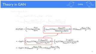 95
Theoretical Results
𝐶 𝐺 = max 𝑉(𝐷, 𝐺)
𝐷
= 𝐸 𝑥~𝑝 𝑑𝑎𝑡𝑎
log 𝐷∗ 𝑥 + 𝐸 𝑥~𝑝 𝑔
log(1 − 𝐷∗(𝑥))
= 𝐸 𝑥~𝑝 𝑑𝑎𝑡𝑎
log
𝑝 𝑑𝑎𝑡𝑎(𝑥)
𝑝 𝑑𝑎𝑡𝑎(𝑥) + 𝑝 𝑔(𝑥)
+ 𝐸 𝑥~𝑝 𝑔
log
𝑝 𝑔(𝑥)
𝑝 𝑑𝑎𝑡𝑎(𝑥) + 𝑝 𝑔(𝑥)
= −𝑙𝑜𝑔4 + න 𝑝 𝑑𝑎𝑡𝑎 𝑥 log
2 ∙ 𝑝 𝑑𝑎𝑡𝑎(𝑥)
𝑝 𝑑𝑎𝑡𝑎(𝑥) + 𝑝 𝑔(𝑥)
𝑑𝑥 + න 𝑝 𝑔 𝑥 log
2 ∙ 𝑝 𝑔(𝑥)
𝑝 𝑑𝑎𝑡𝑎(𝑥) + 𝑝 𝑔(𝑥)
𝑑𝑥
= −𝑙𝑜𝑔4 + 𝐾𝐿(𝑝 𝑑𝑎𝑡𝑎||
𝑝 𝑑𝑎𝑡𝑎 + 𝑝 𝑔
2
) + 𝐾𝐿(𝑝 𝑔||
𝑝 𝑑𝑎𝑡𝑎 + 𝑝 𝑔
2
)
𝐾𝐿(𝑃| 𝑄 = න 𝑃(𝑥) log
𝑃(𝑥)
𝑄(𝑥)
𝑑𝑥 න 𝑝 𝑑𝑎𝑡𝑎 𝑥 log
𝑝 𝑑𝑎𝑡𝑎(𝑥)
𝑝 𝑑𝑎𝑡𝑎(𝑥) + 𝑝 𝑔(𝑥)
2
𝑑𝑥 = 𝐾𝐿(𝑝 𝑑𝑎𝑡𝑎||
𝑝 𝑑𝑎𝑡𝑎 + 𝑝 𝑔
2
)
Theory in GAN GANs
𝑥
𝑥 𝑥
𝑥
 