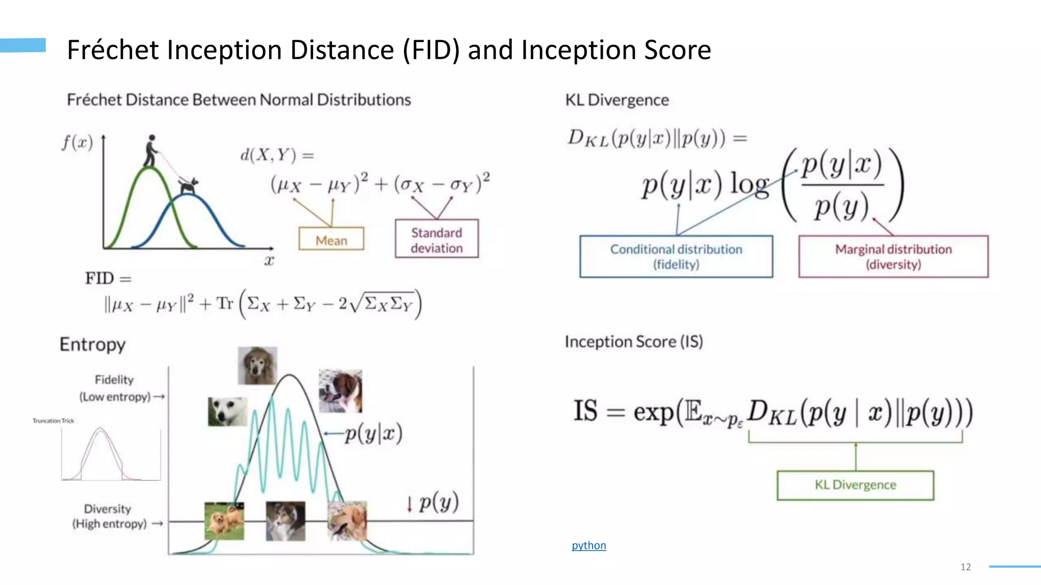 12
Fréchet Inception Distance (FID) and Inception Score
python
 