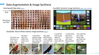 16
Data Augmentation & Image Synthesis
Training with fake data (paper) GauGAN: Semantic Image Synthesis (paper blog YouTube)
StackGAN: Text to Photo-realistic Image Synthesis (paper)
 