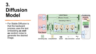 3.
Diffusion
Model
• For Stable Diffusion is
that the backward
process uses the text
embedding as well
as random noise to
generate the desired
image.
 