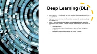 Deep Learning (DL)
• Deep Learning is a subset of NN. The word deep here refers to the depth of layers in
a neural network.
• Any neural network with more than three hidden layers can be considered a deep
learning algorithm.
• Having a higher number of hidden layers, DL models are well-suited for tackling
complex real-world problems. Everyday examples of technologies using NN and DL
are:
• Image recognition
• Object detection in smartphone cameras — such as Facial Recognition
• Autofocus
• Online language translation services like Google Translate.
 