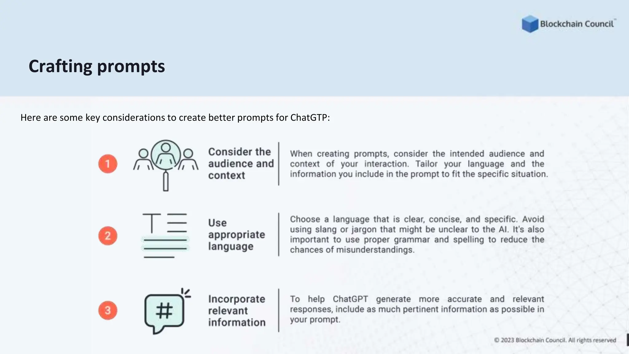 Crafting prompts
Here are some key considerations to create better prompts for ChatGTP:
 