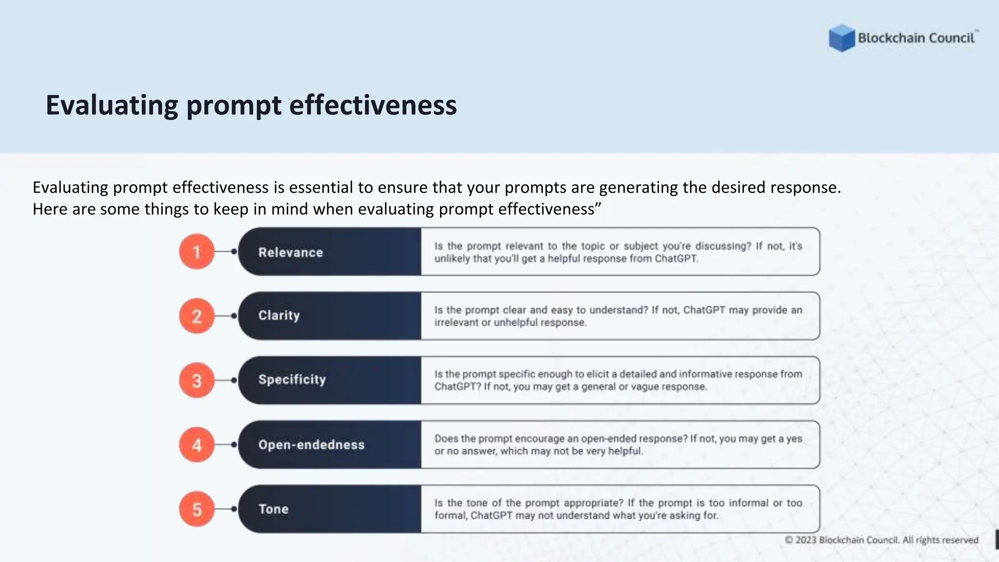 Evaluating prompt effectiveness
Evaluating prompt effectiveness is essential to ensure that your prompts are generating the desired response.
Here are some things to keep in mind when evaluating prompt effectiveness”
 
