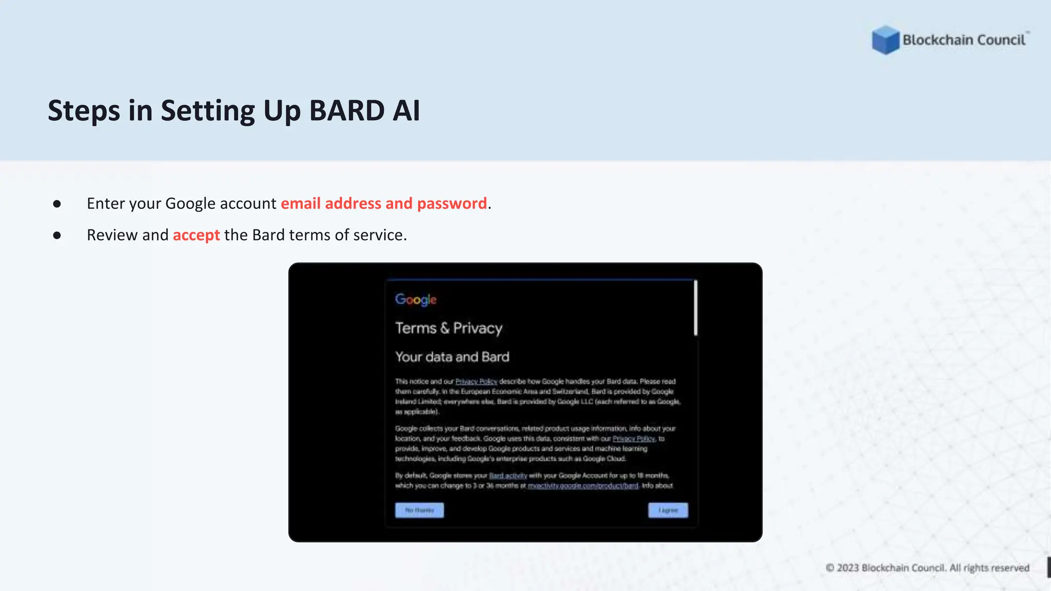 Steps in Setting Up BARD AI
● Enter your Google account email address and password.
● Review and accept the Bard terms of service.
 