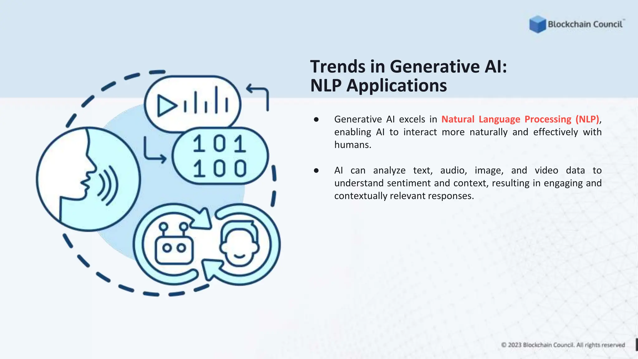 Trends in Generative AI:
NLP Applications
● Generative AI excels in Natural Language Processing (NLP),
enabling AI to interact more naturally and effectively with
humans.
● AI can analyze text, audio, image, and video data to
understand sentiment and context, resulting in engaging and
contextually relevant responses.
 