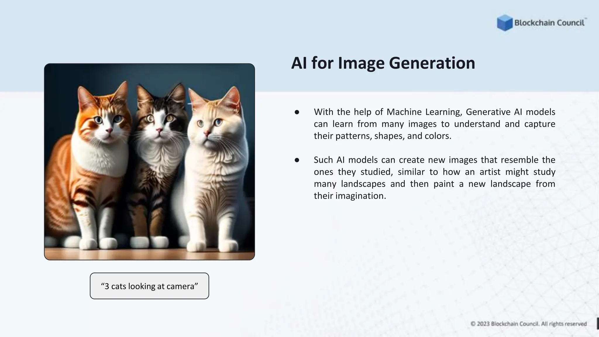 “3 cats looking at camera”
AI for Image Generation
● With the help of Machine Learning, Generative AI models
can learn from many images to understand and capture
their patterns, shapes, and colors.
● Such AI models can create new images that resemble the
ones they studied, similar to how an artist might study
many landscapes and then paint a new landscape from
their imagination.
 