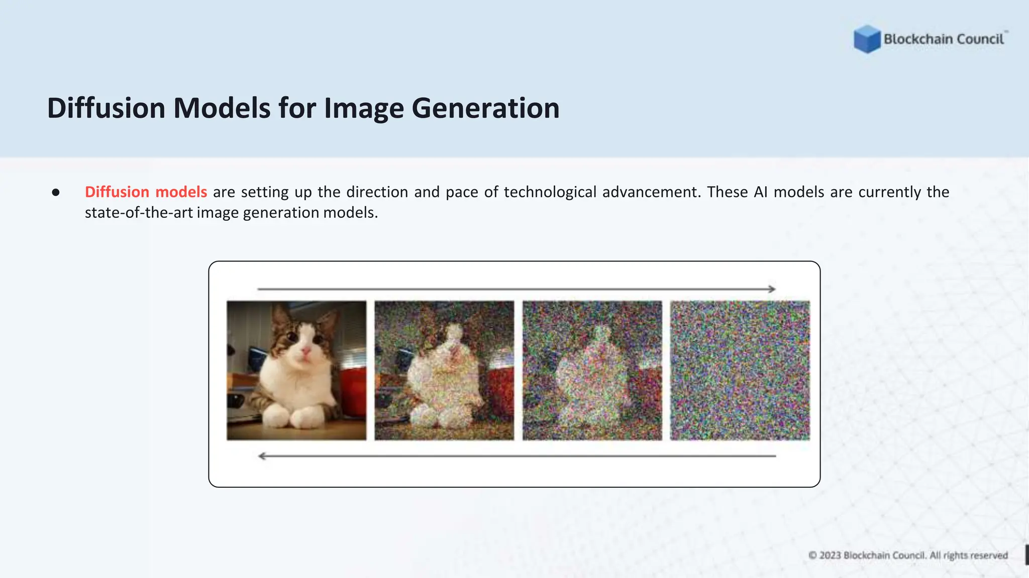 Diffusion Models for Image Generation
● Diffusion models are setting up the direction and pace of technological advancement. These AI models are currently the
state-of-the-art image generation models.
 