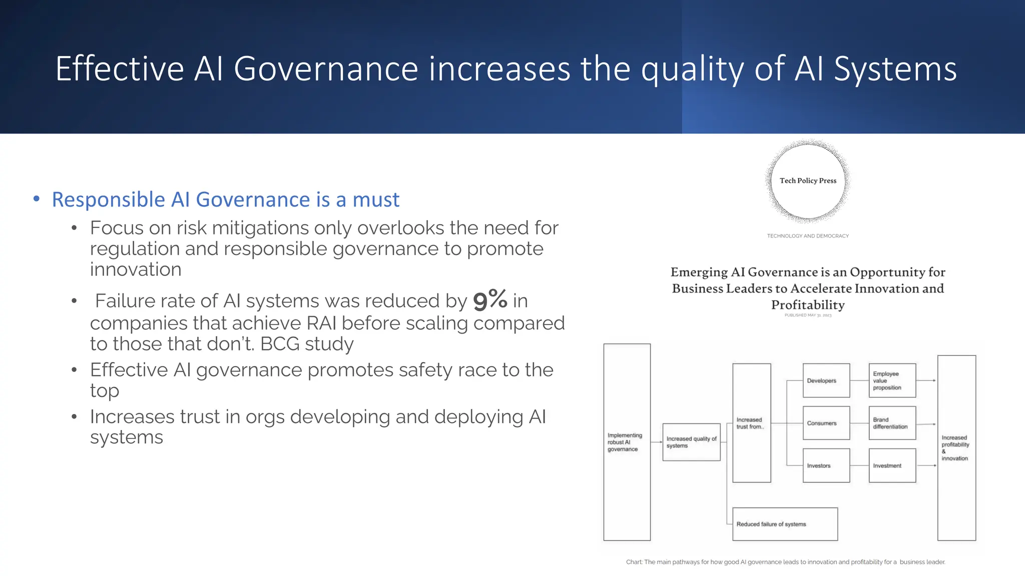 Effective AI Governance increases the quality of AI Systems
• Responsible AI Governance is a must
• Focus on risk mitigations only overlooks the need for
regulation and responsible governance to promote
innovation
• Failure rate of AI systems was reduced by 9% in
companies that achieve RAI before scaling compared
to those that don’t. BCG study
• Effective AI governance promotes safety race to the
top
• Increases trust in orgs developing and deploying AI
systems
 