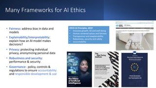 Many Frameworks for AI Ethics
• Fairness: address bias in data and
models
• Explainability/Interpretability:
explain how an AI model makes
decisions?
• Privacy: protecting individual
privacy, anonymizing personal data
• Robustness and security:
performance & security
• Governance: policy, controls &
regulations to ensure accountability
and responsible development & use
OECD AI Principles, 2019
• Inclusive growth, SD and well-being
• Human centered values and fairness
• Transparency and exaplainability
• Robustness, security and safety
• accountability
 