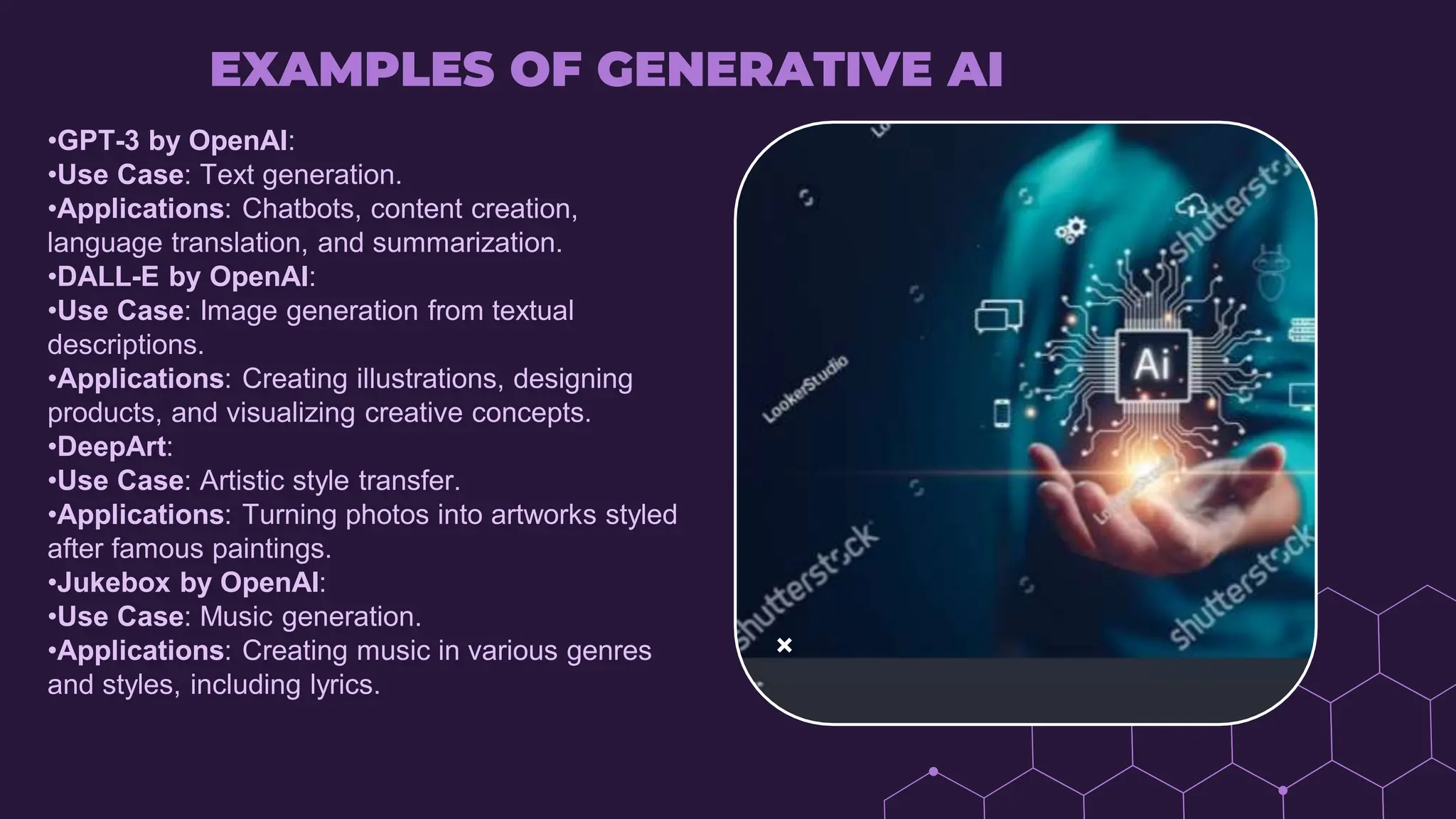 EXAMPLES OF GENERATIVE AI
•GPT-3 by OpenAI:
•Use Case: Text generation.
•Applications: Chatbots, content creation,
language translation, and summarization.
•DALL-E by OpenAI:
•Use Case: Image generation from textual
descriptions.
•Applications: Creating illustrations, designing
products, and visualizing creative concepts.
•DeepArt:
•Use Case: Artistic style transfer.
•Applications: Turning photos into artworks styled
after famous paintings.
•Jukebox by OpenAI:
•Use Case: Music generation.
•Applications: Creating music in various genres
and styles, including lyrics.
 