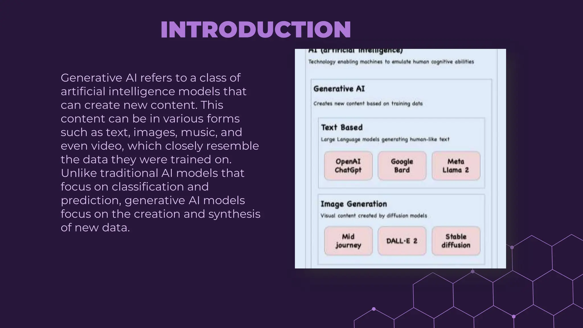 INTRODUCTION
Generative AI refers to a class of
artificial intelligence models that
can create new content. This
content can be in various forms
such as text, images, music, and
even video, which closely resemble
the data they were trained on.
Unlike traditional AI models that
focus on classification and
prediction, generative AI models
focus on the creation and synthesis
of new data.
 