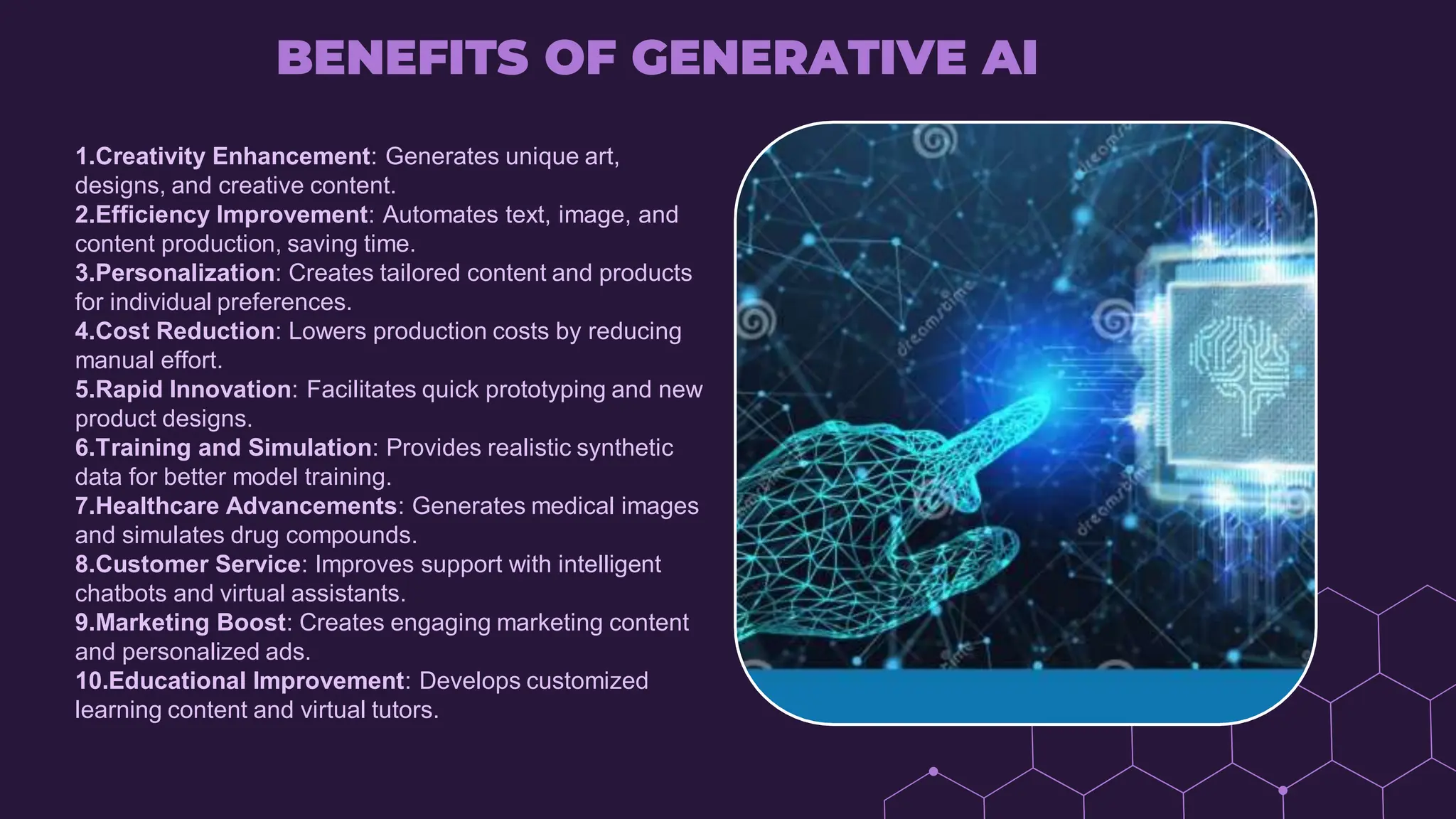 BENEFITS OF GENERATIVE AI
1.Creativity Enhancement: Generates unique art,
designs, and creative content.
2.Efficiency Improvement: Automates text, image, and
content production, saving time.
3.Personalization: Creates tailored content and products
for individual preferences.
4.Cost Reduction: Lowers production costs by reducing
manual effort.
5.Rapid Innovation: Facilitates quick prototyping and new
product designs.
6.Training and Simulation: Provides realistic synthetic
data for better model training.
7.Healthcare Advancements: Generates medical images
and simulates drug compounds.
8.Customer Service: Improves support with intelligent
chatbots and virtual assistants.
9.Marketing Boost: Creates engaging marketing content
and personalized ads.
10.Educational Improvement: Develops customized
learning content and virtual tutors.
 