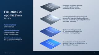 19
LVM: Language vision model
AI acceleration on the Qualcomm®
Hexagon™ NPU of the Snapdragon® 8
Gen 3 Mobile Processor
Full-stack AI
optimization
for LVM
Runs completely
on the device
Significantly reduces
runtime latency and
power consumption
Continuously improves
the Qualcomm® AI Stack
Qualcomm® AI Engine direct
for improved performance and
minimized memory spillage
Knowledge distillation for pruning and
removing of attention blocks, resulting in
accurate model with improved performance
and power efficiency
Designing an efficient diffusion
model through knowledge
distillation for high accuracy
 