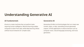 Understanding Generative AI
AI Fundamentals
AI aims to create machines that can perform tasks
requiring human intelligence. Machine learning enables
computers to learn from data, while deep learning utilizes
artificial neural networks for complex tasks.
Generative AI
Generative AI refers to AI technologies that can create new
content, ideas, or data, resembling human-generated
outputs. It finds applications in diverse domains such as
computer vision, natural language processing, and music
generation.
 