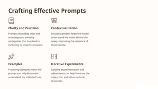 Crafting Effective Prompts
Clarity and Precision
Prompts should be clear and
unambiguous, avoiding
ambiguities that may lead to
confusing or incorrect answers.
Contextualization
Including context helps the model
understand the intent behind the
query, improving the relevance of
the response.
Examples
Providing examples within the
prompt can help the model
understand the intended task.
Iterative Experiments
Iterative experimentation and
adjustments can help fine-tune the
interaction and obtain optimal
responses.
 