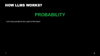 13
HOW LLMS WORKS?
PROBABILITY
I am truly excited to be a part of the team
 