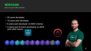 2
• 20 years developer
• 10 years paid developer
• 8 years paid developer on AWS (mainly)
• 3 years paid to teach developing on AWS
(and other topics)
WHOAMI
aws sts get-caller-identity
 