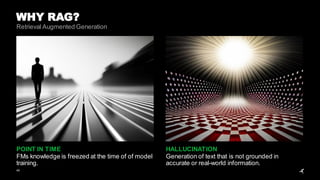 FMs knowledge is freezed at the time of of model
training.
POINT IN TIME
Generation of text that is not grounded in
accurate or real-world information.
HALLUCINATION
40
WHY RAG?
Retrieval Augmented Generation
 
