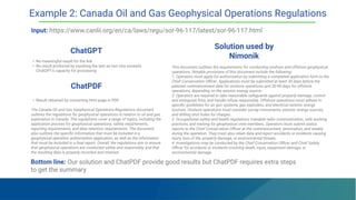 ChatGPT
Solution used by
Nimonik
• No meaningful result for the link
• No result produced by inputting the text as text size exceeds
ChatGPT’s capacity for processing
This document outlines the requirements for conducting onshore and offshore geophysical
operations. Notable provisions of this document include the following:
1. Operators must apply for authorization by submitting a completed application form to the
Chief Conservation Oﬃcer. Applications must be submitted at least 30 days before the
planned commencement date for onshore operations and 30-90 days for offshore
operations, depending on the seismic energy source.
2. Operators are required to take reasonable safeguards against property damage, control
and extinguish ﬁres, and handle refuse responsibly. Offshore operations must adhere to
speciﬁc guidelines for air gun systems, gas exploders, and electrical seismic energy
sources. Onshore operations must consider survey monuments, seismic energy sources,
and drilling shot holes for charges.
3. Occupational safety and health regulations mandate radio communication, safe working
practices, and training for geophysical crew members. Operators must submit status
reports to the Chief Conservation Oﬃcer at the commencement, termination, and weekly
during the operation. They must also retain data and report accidents or incidents causing
injury, loss of life, property damage, or environmental threats.
4. Investigations may be conducted by the Chief Conservation Oﬃcer and Chief Safety
Oﬃcer for accidents or incidents involving death, injury, equipment damage, or
environmental damage.
Example 2: Canada Oil and Gas Geophysical Operations Regulations
Input: https://www.canlii.org/en/ca/laws/regu/sor-96-117/latest/sor-96-117.html
Bottom line: Our solution and ChatPDF provide good results but ChatPDF requires extra steps
to get the summary
ChatPDF
• Result obtained by converting html page in PDF:
The Canada Oil and Gas Geophysical Operations Regulations document
outlines the regulations for geophysical operations in relation to oil and gas
exploration in Canada. The regulations cover a range of topics, including the
application process for geophysical operations, safety requirements,
reporting requirements, and data retention requirements. The document
also outlines the speciﬁc information that must be included in a
geophysical operation authorization application, as well as the information
that must be included in a ﬁnal report. Overall, the regulations aim to ensure
that geophysical operations are conducted safely and responsibly, and that
the resulting data is properly recorded and retained.
 