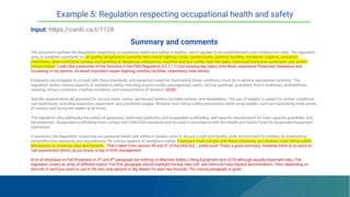 Summary and comments
The document outlines the Regulation respecting occupational health and safety in Quebec, which applies to all establishments and construction sites. The regulation
aims to establish standards for air quality, temperature, humidity, heat stress, lighting, noise, contaminants, sanitary facilities, ventilation, hygiene, sanitation,
cleanliness, area conditions, storage and handling of dangerous substances, machine and tool safety, high-risk tasks, individual protective equipment, and worker
transportation. Looks like a selection of the Divisions in the OHS Regulation S-2.1, r.13 but missing key topics (Hot Work, respiratory Protection, Asbestos) and
focussing, in my opinion, on lesser important issues (lighting, sanitary facilities, cleanliness, heat stress).
Employers are obligated to comply with these standards, and equipment used for maintaining these conditions must be in optimal operational condition. The
regulation covers various aspects of workplace safety, including access routes, passageways, yards, vertical openings, guardrails, ﬂoors, walkways, workstations,
cleaning, refuse containers, machine locations, and transportation of workers. GOOD
Speciﬁc requirements are provided for service stairs, ramps, permanent ladders, portable ladders, and stepladders. The use of ladders is subject to certain conditions
and restrictions, including inspection, placement, and prohibited usages. Workers must follow safety precautions while using ladders, such as maintaining three points
of contact and facing the ladder at all times.
The regulation also addresses the safety of gangways, stationary platforms, and suspended scaffolding, with speciﬁc requirements for load capacity, guardrails, and
fall protection. Suspended scaffolding must comply with CAN/CSA standards and be used in accordance with the Health and Safety Code for Suspended Equipment
Operations.
In summary, the Regulation respecting occupational health and safety in Quebec aims to ensure a safe and healthy work environment for workers by establishing
comprehensive standards and requirements for various aspects of workplace safety. Employers must comply with these standards, and workers must follow safety
precautions to minimize risks and hazards. That’s taken from section 49 and 51 of the OHS Act... pretty cool! That’s a good summary. However, there is no word on
risk assessment which, as you know, is key in OHS management.
A lot of emphasis on Fall Protection in 3rd
and 4th
paragraph but nothing on Machine Safety, Lifting Equipment and LOTO although equally important risks. The
regulation covers an array of different topics. The ﬁrst paragraph should highlight the key risks (ref. see Glencore Fatal Hazard denomination). Then, depending on
amount of word you want to use in the text, stay general or dig deeper for each key hazards. The closing paragraph is good.
Example 5: Regulation respecting occupational health and safety
Input: https://canlii.ca/t/1128
 